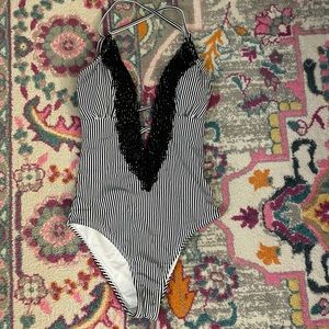 Cupshe suit black and white striped with lace detail